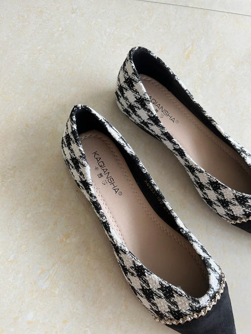 Pointy Toe Houndstooth Plaid Print Casual Pump Ladies Shoes